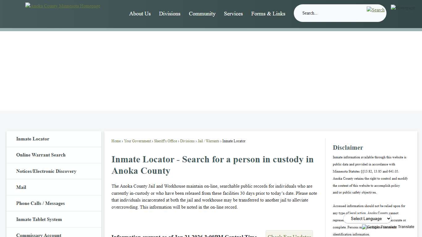 Inmate Locator - Search for a person in custody in Anoka County | Anoka County, MN - Official Website